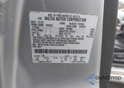 2006 Mazda Tribute S из США, поврежденный, VIN 4F2CZ96126KM22565